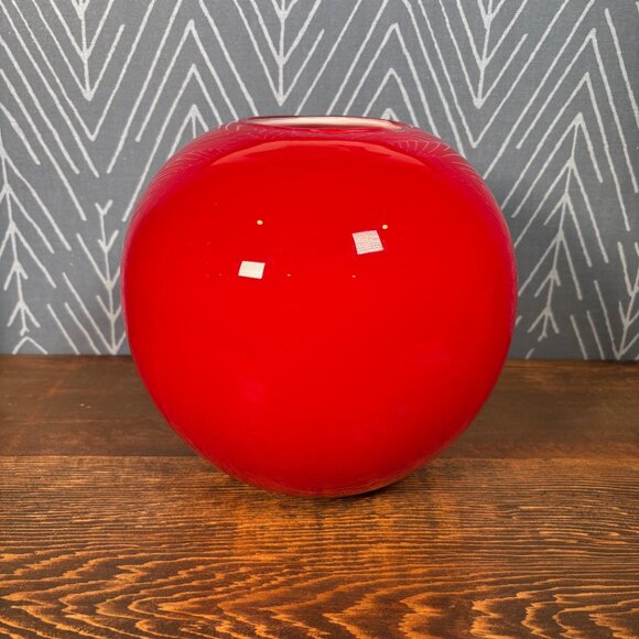 Red Blow Glass Globe Vase with White Interior Handcrafted Art Glass Home Decor - Picture 3 of 12